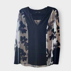 Chic Black & Gray Ombre Print Blouse with Satin Trim — Size L